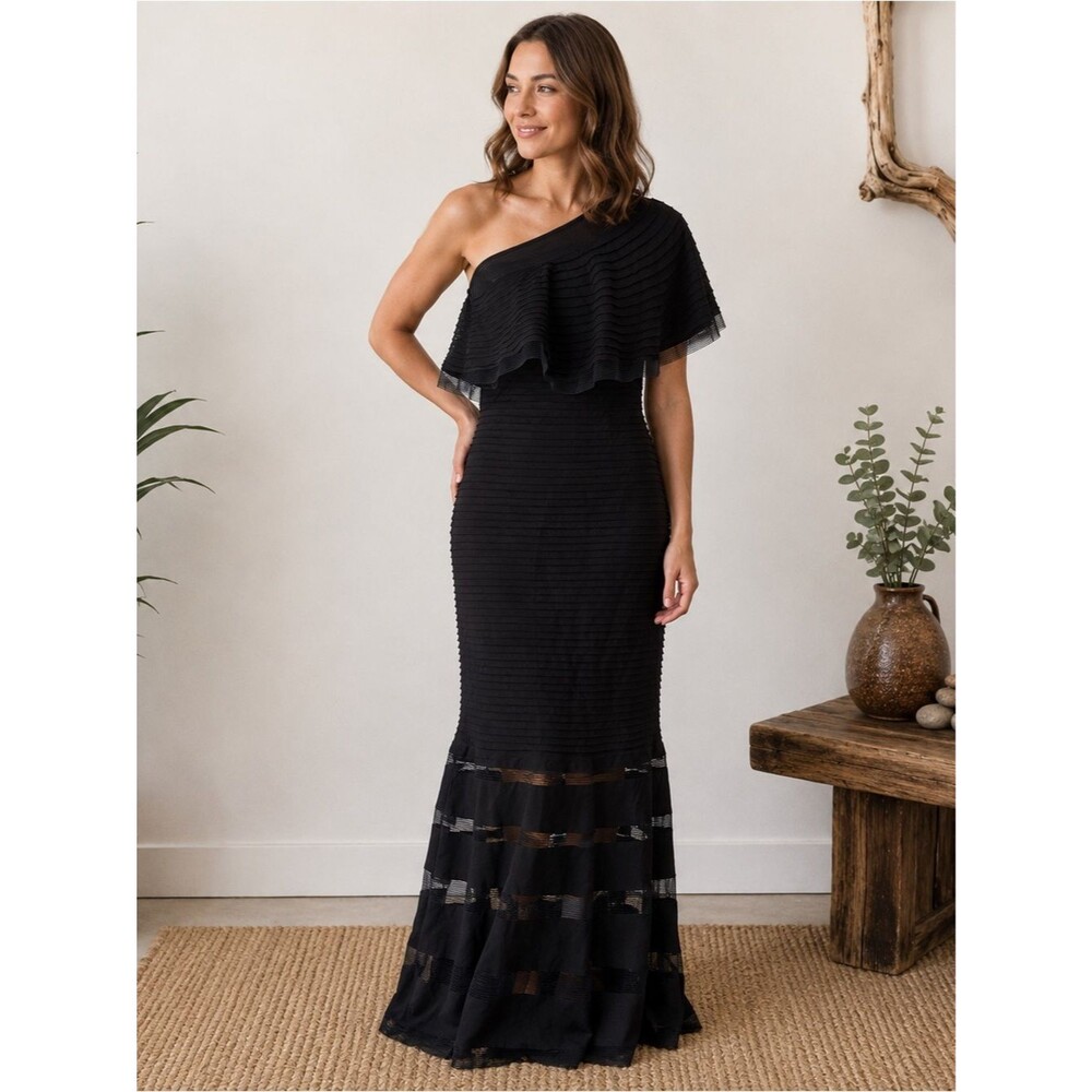 TADASHI SHOJI ONE SHOULDER Ruffle evening event GOWN Dress Size XS/S